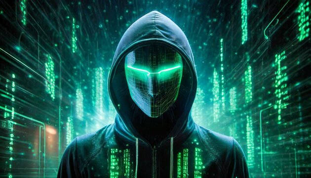 Illustration of an Artificial Intelligence represented in humanoid form that lost control and became very dangerous or was used by malicious human beings to commit evil.	