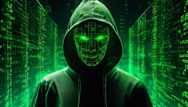 Illustration of an Artificial Intelligence represented in humanoid form that lost control and became very dangerous or was used by malicious human beings to commit evil.	