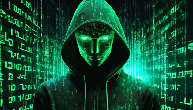 Illustration of an Artificial Intelligence represented in humanoid form that lost control and became very dangerous or was used by malicious human beings to commit evil.	