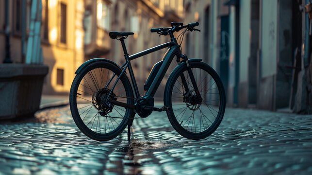 The image is a photograph of a black electric bicycle parked on a cobblestone street. The bike is in focus and the background is blurred.