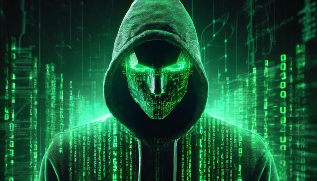 Illustration of an Artificial Intelligence represented in humanoid form that lost control and became very dangerous or was used by malicious human beings to commit evil.	