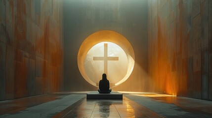 a man in a room praying in front of a wooden cross - obrazy, fototapety, plakaty