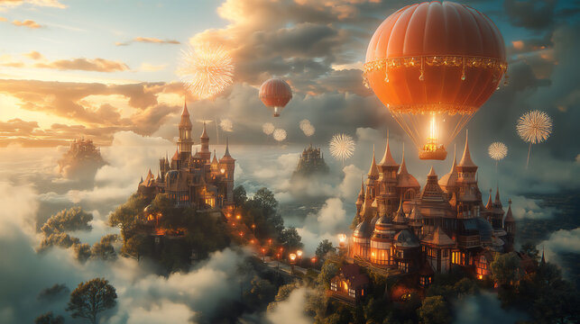 Enchanting castles above the clouds, illuminated by sunset and adorned with hot air balloons and fireworks