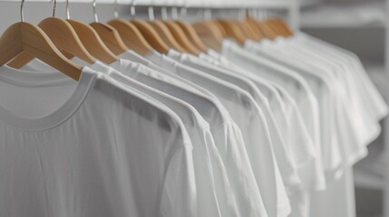 A row of white t-shirts on wooden hangers against a white background. The shirts are neatly arranged and evenly spaced.