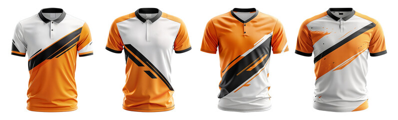set of sport polo shirts with orange white and black abstract pattern front view, generative ai