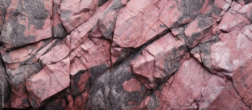 Poster a detailed view of a rock showing a striking red and black pattern on its surface