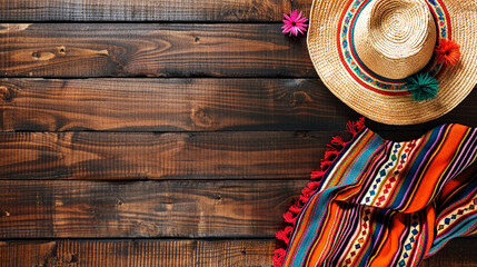 Vibrant and Festive Cinco de Mayo Background Featuring Bright Colours, Charro Pattern, Mexican Culture Symbols on Rustic Wooden Boards - Copy Space Text Space
 - obrazy, fototapety, plakaty