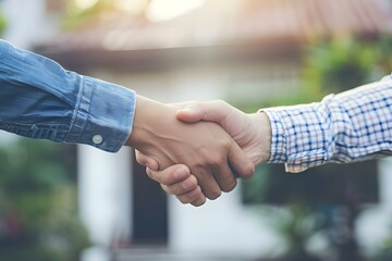 Real estate agent and customer finalize house purchase with a handshake. Concept Real Estate, House Purchase, Handshake Deal, Real Estate Agent, Happy Customer