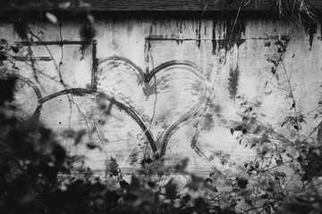 Black and white heart graffiti on the wall of an abandoned house