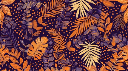 A beautiful seamless pattern with hand-drawn tropical leaves and polka dots.
