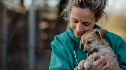 Smiling veterinarian cuddling a puppy.