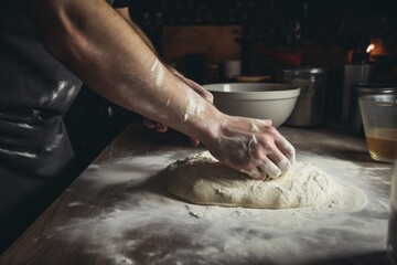 A photo from first person mixing ingredients for a homemade pizza in the kitchen showing hands...