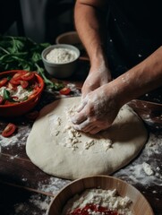 A photo from first person mixing ingredients for a homemade pizza in the kitchen showing hands kneading dough 