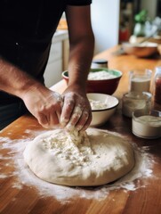 Fototapeta premium A photo from first person mixing ingredients for a homemade pizza in the kitchen showing hands kneading dough 