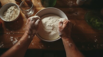 Fototapeta premium A photo from first person mixing ingredients for a homemade pizza in the kitchen showing hands kneading dough 