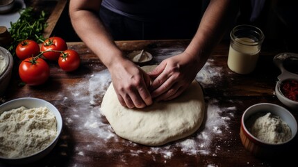 A photo from first person mixing ingredients for a homemade pizza in the kitchen showing hands...