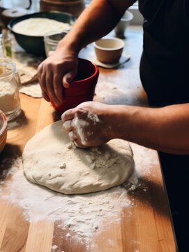 A photo from first person mixing ingredients for a homemade pizza in the kitchen showing hands kneading dough 