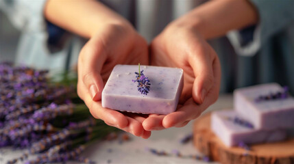 A person's hands hold ready-made handmade lavender soap on a table background with lavender sprigs...