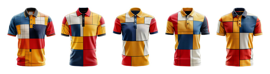 set of polo shirts with colorful pattern front view, generative ai