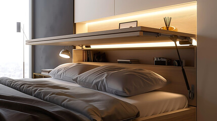 Modern bedroom with a wall-mounted bedside shelf that flips open to reveal hidden compartments for storing bedside essentials
