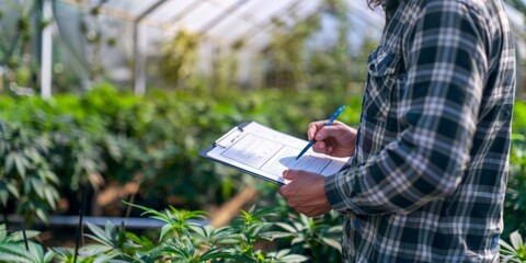 Scientist in a white coat writing data collected by examining cannabis plants on hemp field
