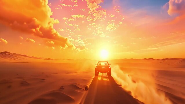Road car driving at beautiful desert or canyon sunset