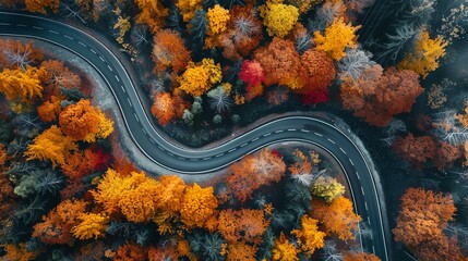 A top-down view of a road winding through a colorful forest.