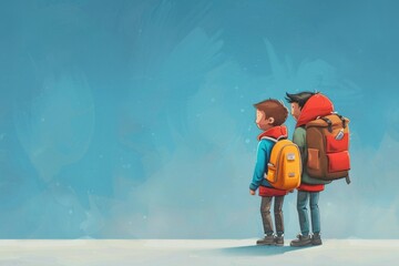 Two children with backpacks on icy terrain - Illustration of two young friends with colorful backpacks against a minimal snowy backdrop