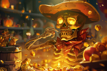 Skeleton with gold coins celebrating in a bar - A lively skeleton in a sombrero holds a mug, surrounded by overflowing gold, alluding to a festive, eerie celebration