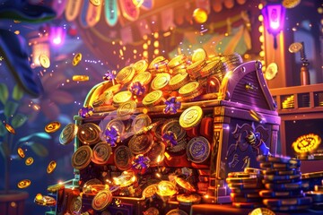 Exploding treasure chest with magical coins - Eye-catching image of a treasure chest with coins spilling out in a magical, lively whirl, symbolizing wealth, luck, and fantastical adventure