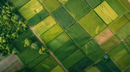 An aerial view of a lush green farm.