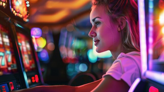 Focused Player at Slot Machine in Casino Ambience - A concentrated woman deeply involved in the game, highlighted by the casino's luminous and vivid environment