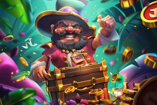 Animated Pirate with blurred face and treasure - Colorful illustration of a cartoon pirate in front of a treasure chest, showcasing a vibrant and playful image perfect for engaging a youthful audience