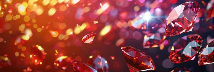 Panoramic view of floating red diamonds - A panoramic landscape filled with floating red diamonds creating a sense of grandeur and extravagance - obrazy, fototapety, plakaty