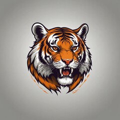 A tiger head with a fierce look on its face. The tiger is orange and black. The tiger's eyes are large and bright 9