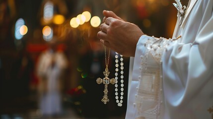 a priest's hand holds a necklace of the cross of Jesus Christ - obrazy, fototapety, plakaty