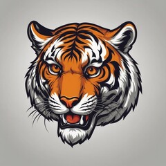 A tiger head with a fierce look on its face. The tiger is orange and black. The tiger's eyes are large and bright 4