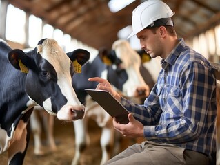 Farmer with tablet computer inspects cows at a dairy farm. Herd management concept
