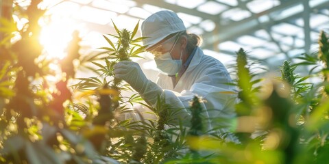 Scientist Examining Cannabis Plants in Agricultural Research Facility - obrazy, fototapety, plakaty