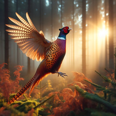 Common pheasant (Phasianus colchicus) in flight in its natural enviroment. fasan flug. ring necked pheasant. pheasants. pheasants flying. Pheasant. Phasianus colchicus. Beautiful pheasants image.  - obrazy, fototapety, plakaty