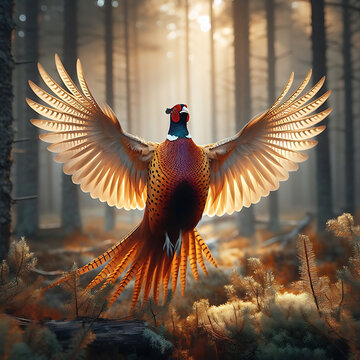 Common pheasant (Phasianus colchicus) in flight in its natural enviroment. fasan flug. ring necked pheasant. pheasants. pheasants flying. Pheasant. Phasianus colchicus. Beautiful pheasants image. 