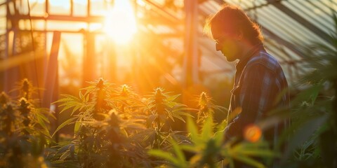 Young Female Scientist Conducting Growth Experiments with Cannabis in plantation - obrazy, fototapety, plakaty