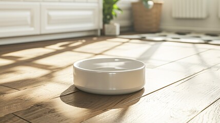 A white ceramic bowl sits on a wooden floor in a sunny room. The bowl is empty and clean. There is a plant in the background.