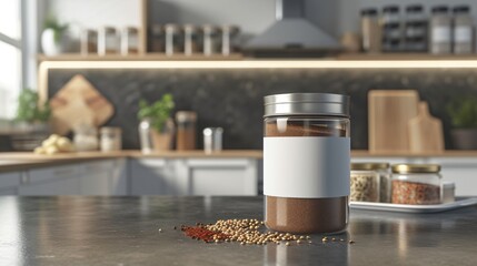 Image of a glass jar with a silver lid filled with a brown spice on a kitchen counter. There is a white label on the jar for you to add your own text. - obrazy, fototapety, plakaty