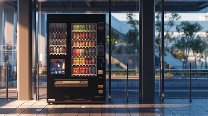 A sleek black vending machine stands in a modern glass and steel building. - obrazy, fototapety, plakaty