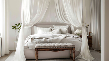 A bench in upholstered gray fabric, placed at the foot of a canopy bed with sheer drapes and plush bedding - obrazy, fototapety, plakaty