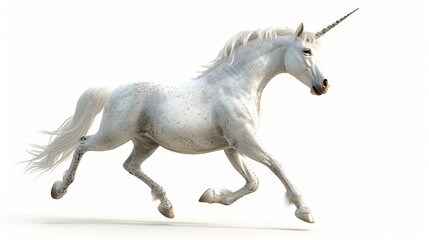 A beautiful white unicorn is running. The unicorn is galloping with its mane and tail flowing in the wind.