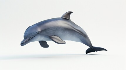 A bottlenose dolphin jumps out of the water. It has a sleek, gray body and a friendly smile on its face.