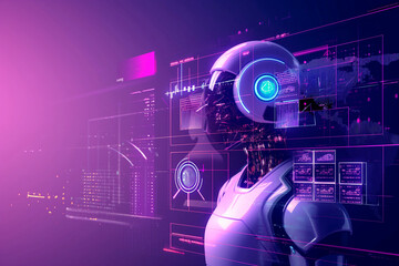 AI assistant helps a human worker in a call center, purple pink background