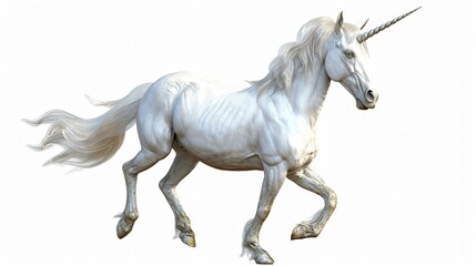 Obraz na płótnie Canvas A beautiful white unicorn is running. It has a long, flowing mane and tail. Its horn is shining.